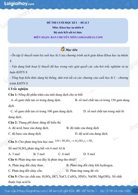 Đề thi học kì 1 KHTN 8 Kết nối tri thức - Đề số 3